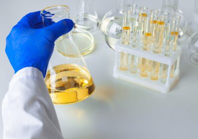 Close up of gloved hands of a scientist working with laboratory samples