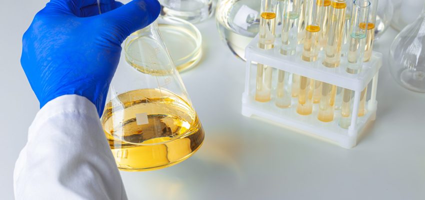 Close up of gloved hands of a scientist working with laboratory samples